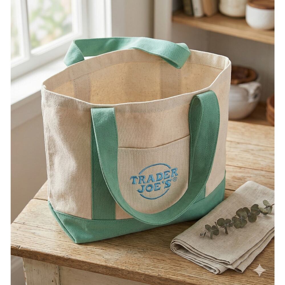 Trader Joe's Mini Pastel Canvas Tote Bag Mint Green Limited Edition - Picture 1 of 9